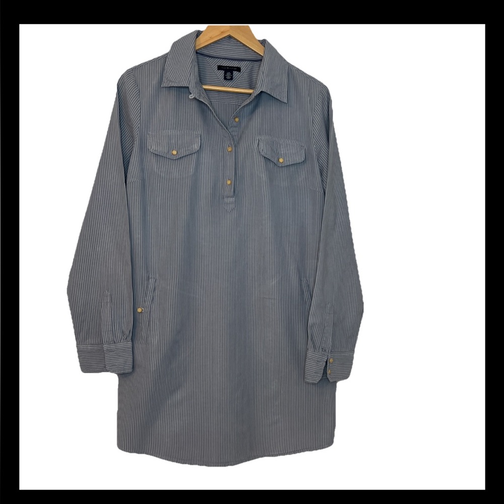 Tommy Hilfiger Blue Pinstripe Midi Long Sleeve Shirtdress Sz L 100% Cotton